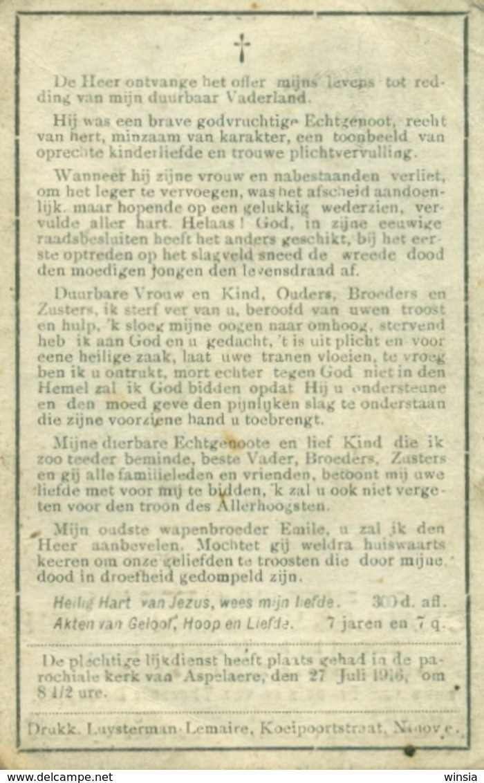 WO1 / WW1 - Doodsprentje Vander Hoeven Charles - Nederhasselt / Kaaskerke - Gesneuvelde - Décès