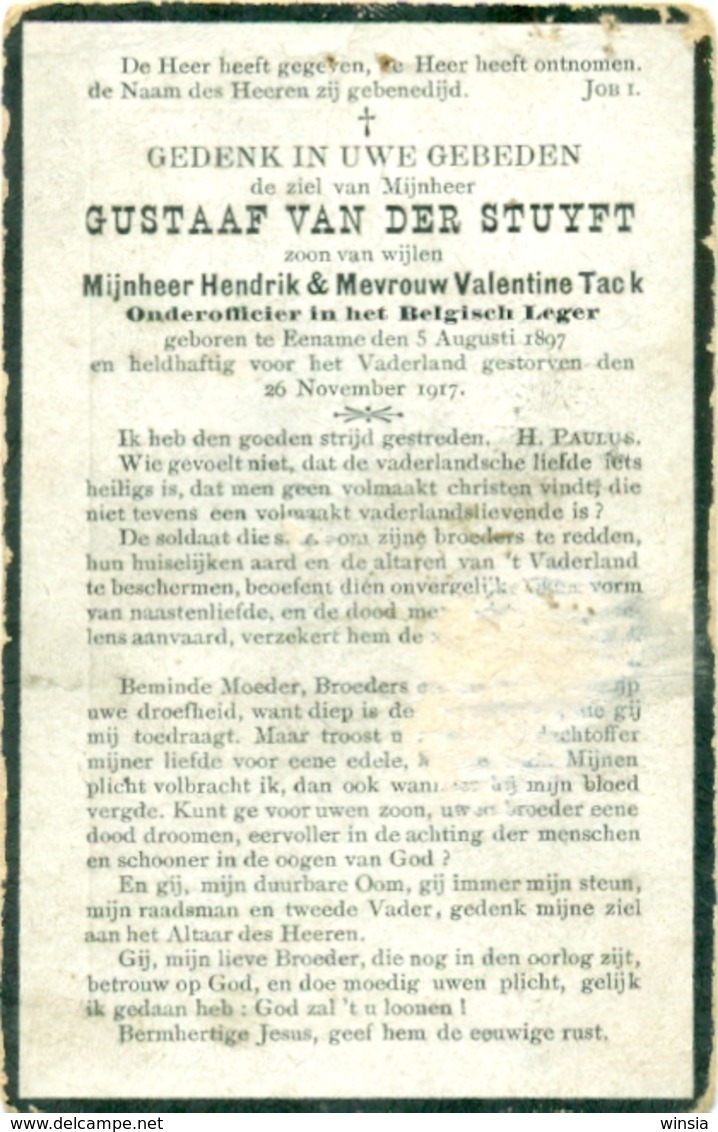 WO1 / WW1 - Doodsprentje Van Der Stuyft Gustaaf - Ename /  - Gesneuvelde - Décès