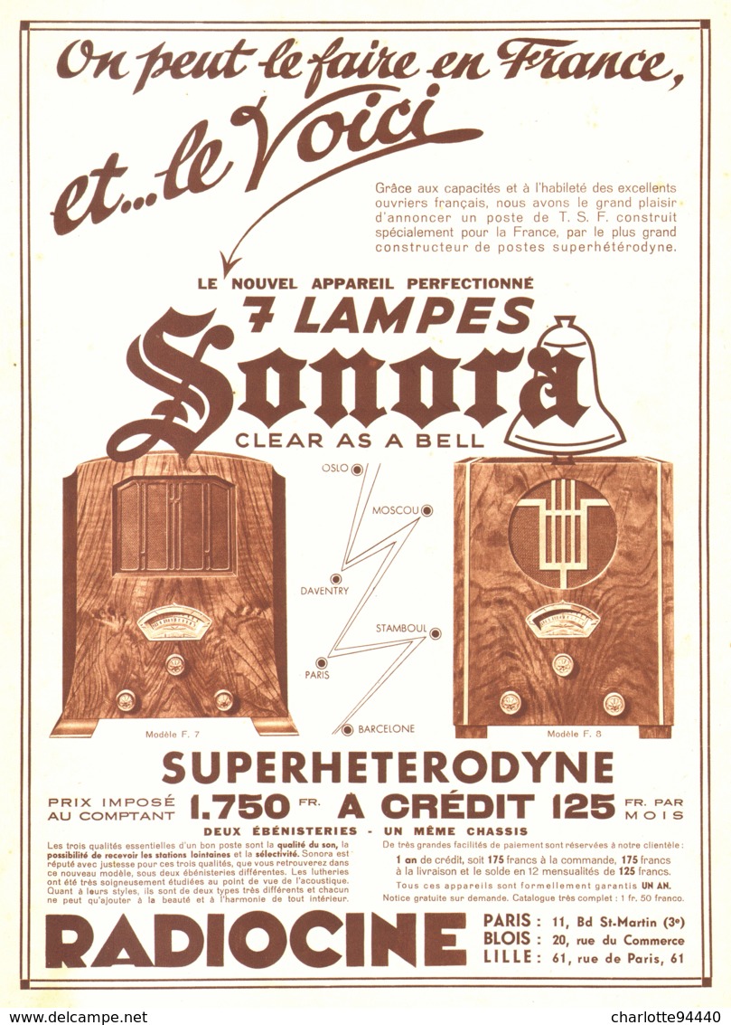 PUB RADIO SUPERHETERODYNE 7 LAMPES  " SONORA  "   1933 ( 5 ) - Otros & Sin Clasificación