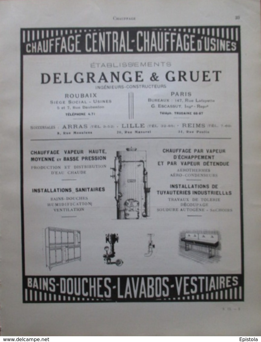 DELGRANGE & GRUET à Roubaix  - Fabrication De CHAUFFAGE  - Page Catalogue Technique De 1925 (Dims Env 22 X 30 Cm) - Autres Appareils