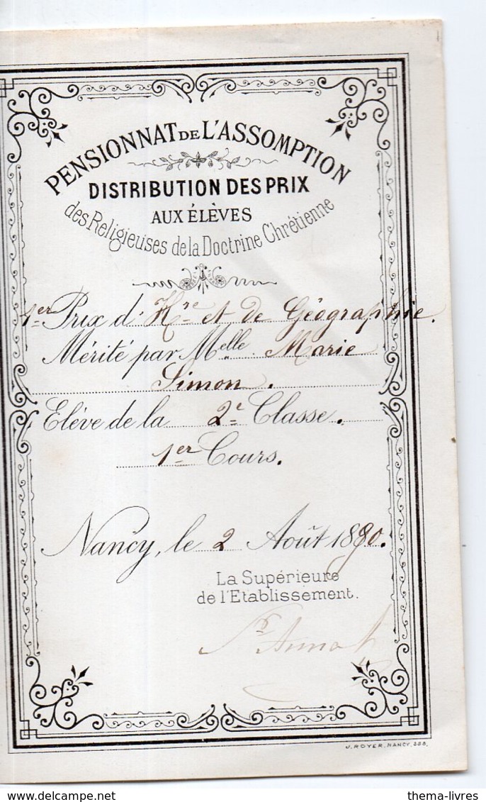 Nancy (Meurthe Et Moselle) Certificatde Prix PENSIONNAT DE L'ASSOMPTION 1887   (PPP21697A ) - Diplômes & Bulletins Scolaires