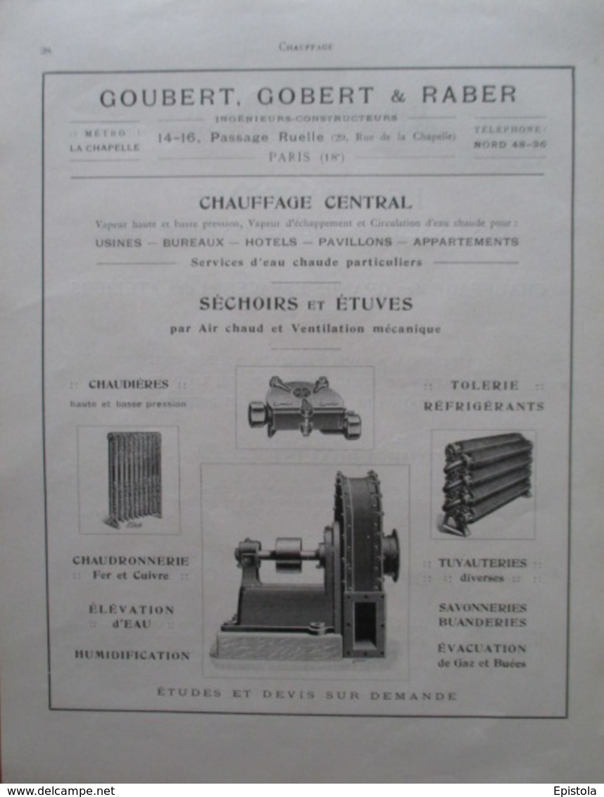 GOUBERT GOBERT & RABER -  CHAUFFAGE à Sechoir & Etuve  - Page Catalogue Technique De 1925 (Dims Env 22 X 30 Cm) - Maschinen