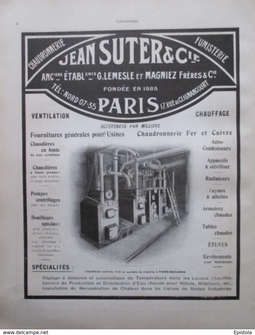 Chauffage Centrale à  Paris Building - Jean SUTER  Architecture - Page Catalogue Technique De 1925 (Dims Env 22 X 30 Cm) - Architecture