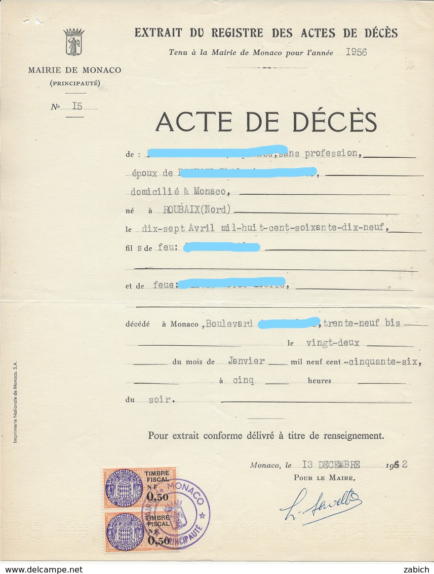 FISCAUX  MONACO SERIE UNIFIEE  N°31 0,50NF 2 Exorange Sur Acte De Decès Du 13 Decembre 1962 - Fiscales