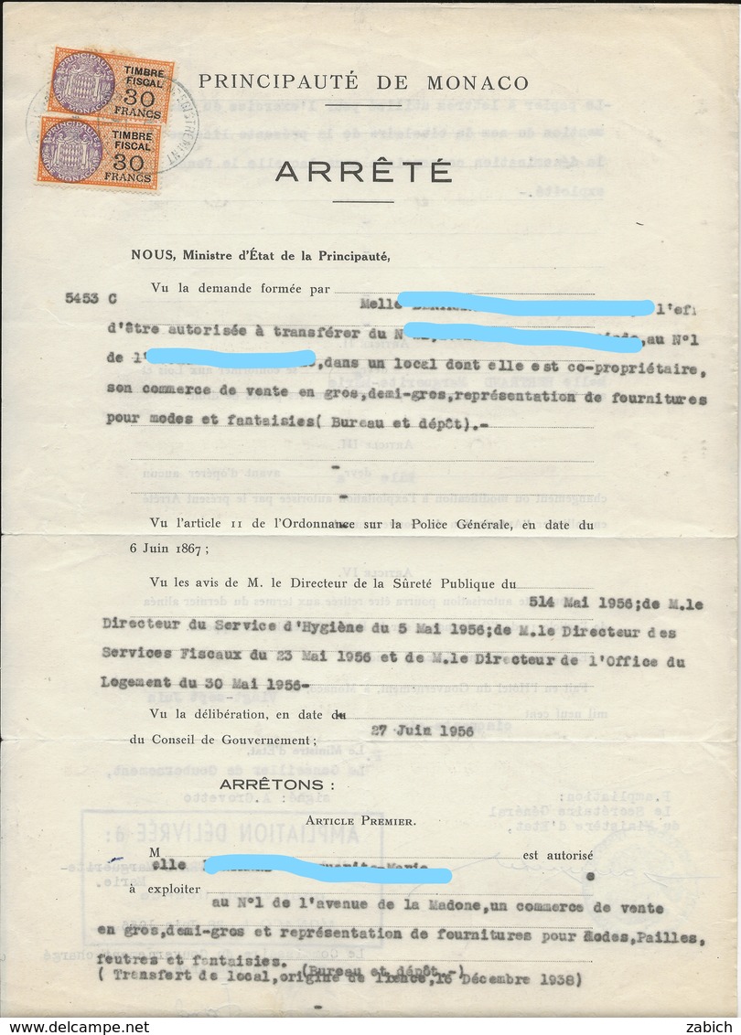 FISCAUX  MONACO SERIE UNIFIEE  N°9  30F Orange 2 Exemplaires Du  27 Juin  1956 - Fiscaux