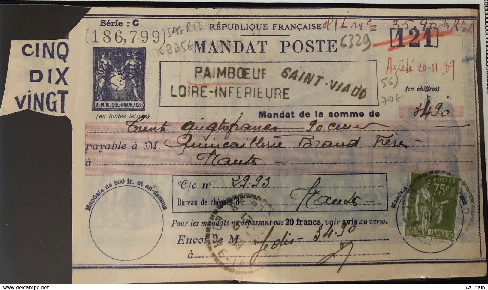 1930 Mandat De Poste PaimBOEUF Loire Inférieure - 1921-1960: Période Moderne