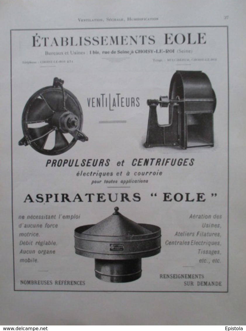 VENTILATEUR D'Usine EOLE à CHOISY LE ROI   - Page Catalogue Technique De 1925 (Dims Env 22 X 30 Cm) - Maschinen