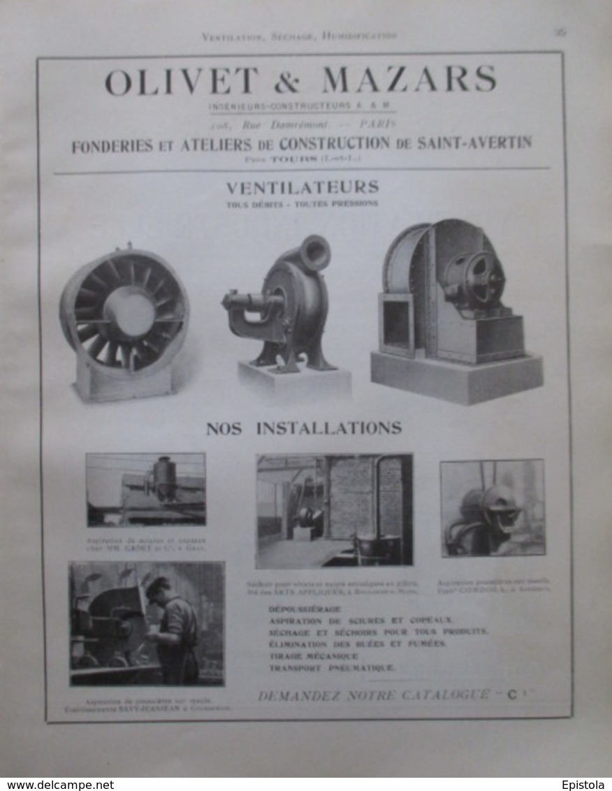 VENTILATEUR D'Usine OLIVET & MAZARS à Saint Avertin (37)  - Page Catalogue Technique De 1925 (Dims Env 22 X 30 Cm) - Machines