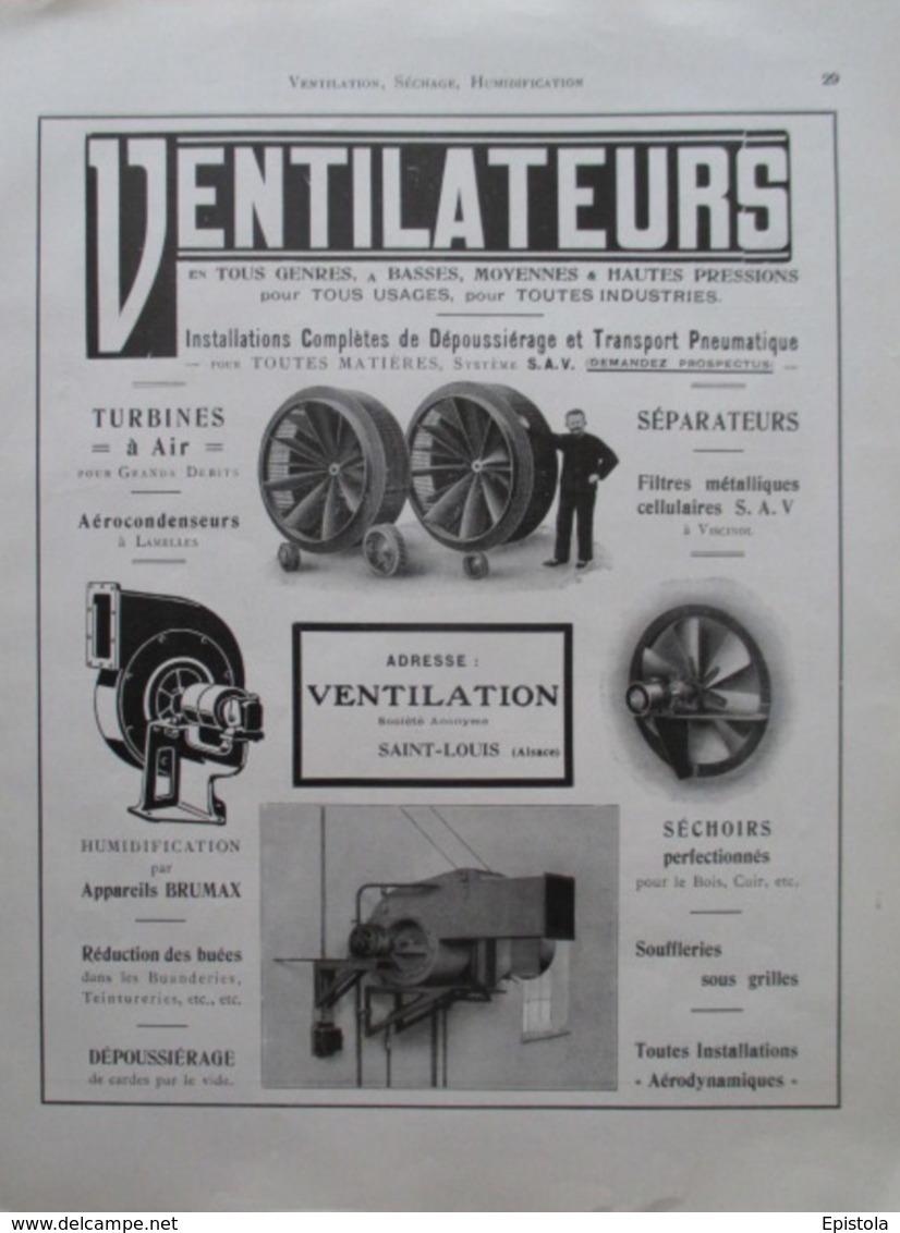 VENTILATEUR D'Usine - Ets à Saint Louis (Haut Rhin)     - Page Catalogue Technique De 1925 (Dims Env 22 X 30 Cm) - Machines