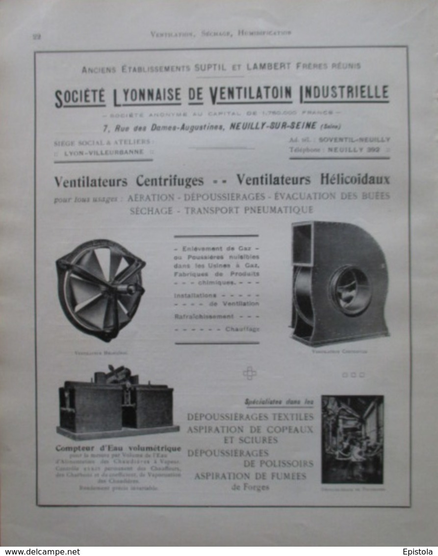 VENTILATEUR Sté Lyonnaise De Ventilation- Neuilly Sur Seine   - Page Catalogue Technique De 1925 (Dims Env 22 X 30 Cm) - Maschinen