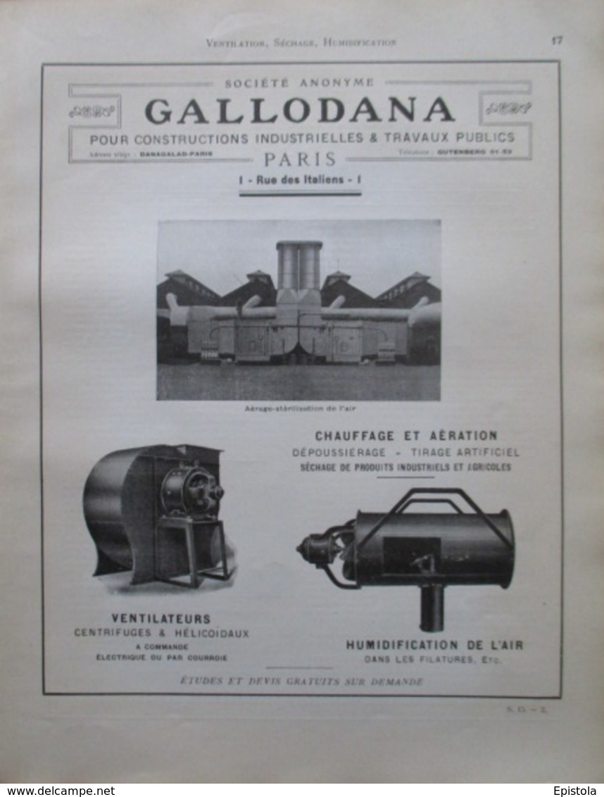 VENTILATEUR D'Usine GALLADANA    - Page Catalogue Technique De 1925 (Dims Env 22 X 30 Cm) - Maschinen