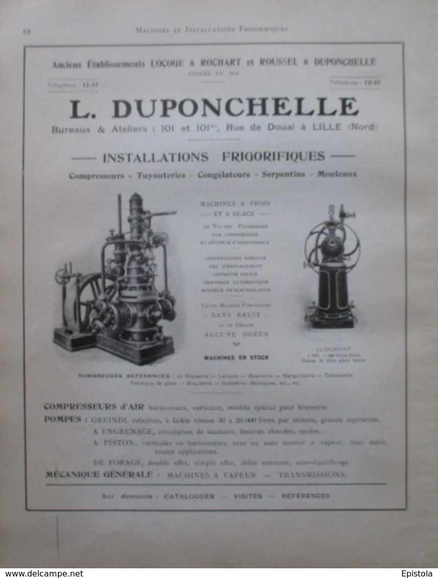 INSTALLATION FRIGORIFIQUE  Ets DUPONCHELLE à Lille Rue De Douai - Page Catalogue Technique De 1925 (Dims Env 22 X 30 Cm) - Maschinen