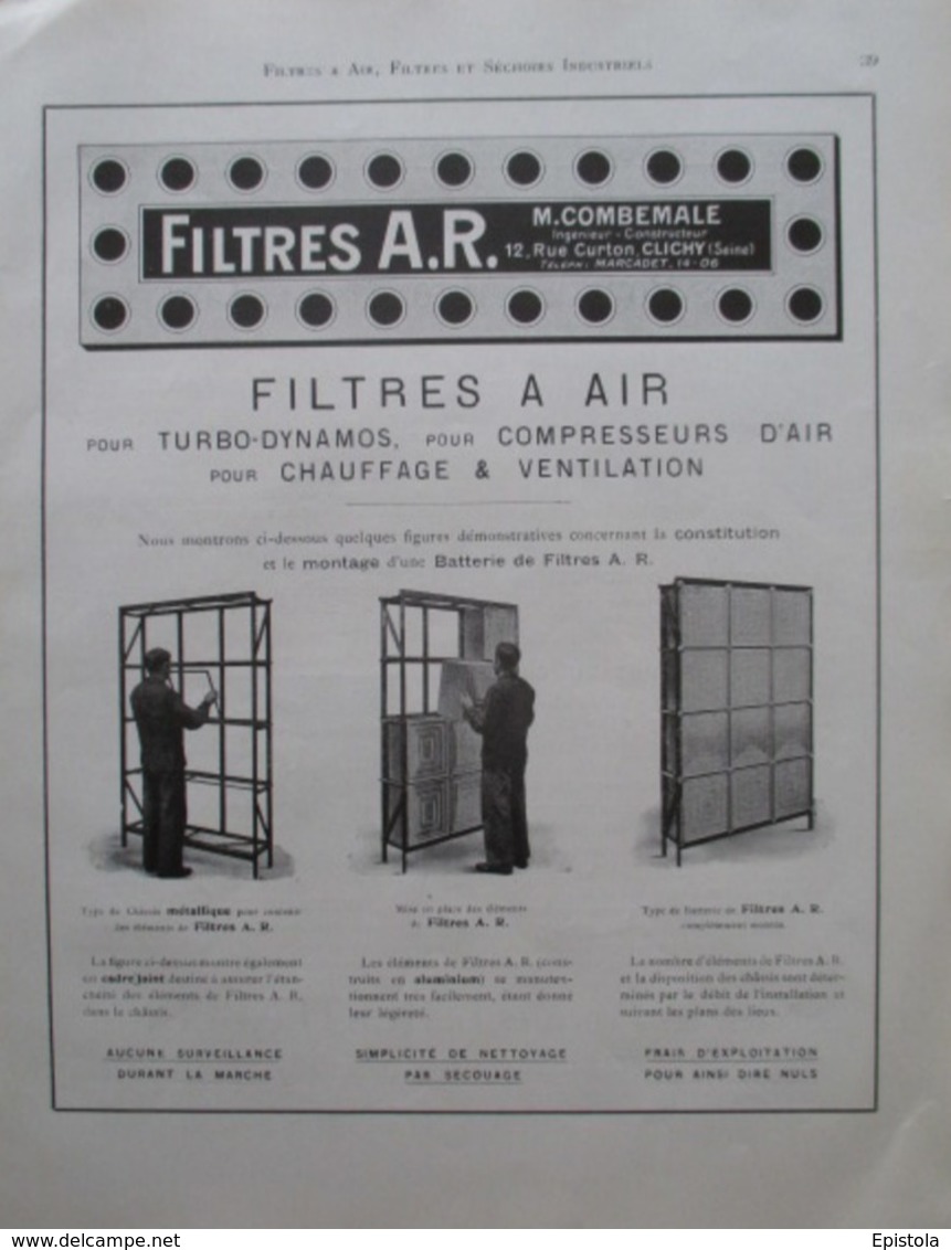 FILTRES à AIR Ets COMBEMALE  - Rue Curton à Clichy Sur Seine  - Page Catalogue Technique De 1925 (Dims Env 22 X 30 Cm) - Andere Plannen