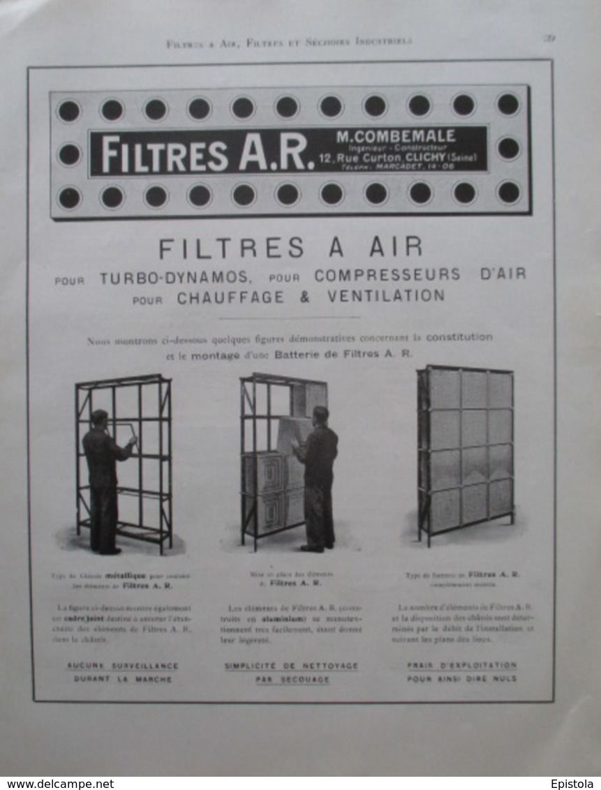 FILTRES à AIR Ets COMBEMALE  - Rue Curton à Clichy Sur Seine  - Page Catalogue Technique De 1925 (Dims Env 22 X 30 Cm) - Autres Plans