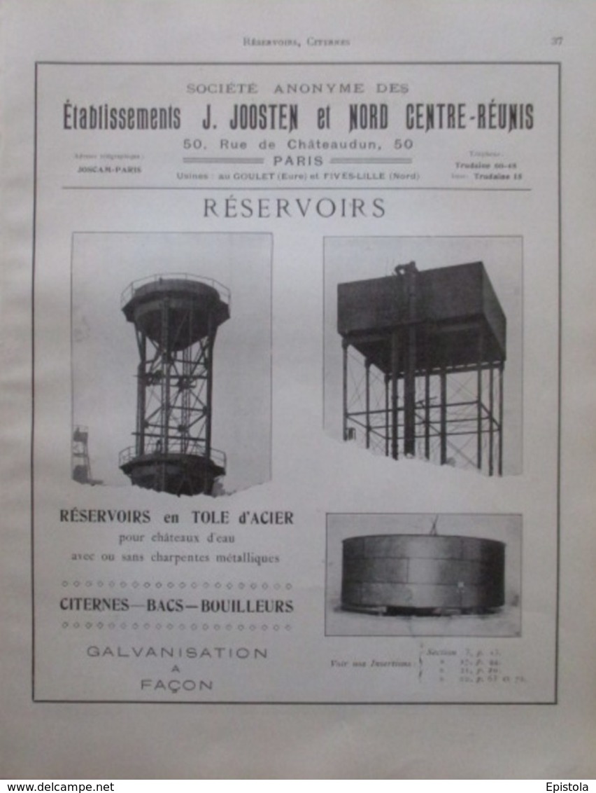 CHATEAU D'EAU Métallique - ETs JOOSTEN Au Goulet (Eure) Et Lille- Page Catalogue Technique De 1925 (Dims Env 22 X 30 Cm) - Travaux Publics