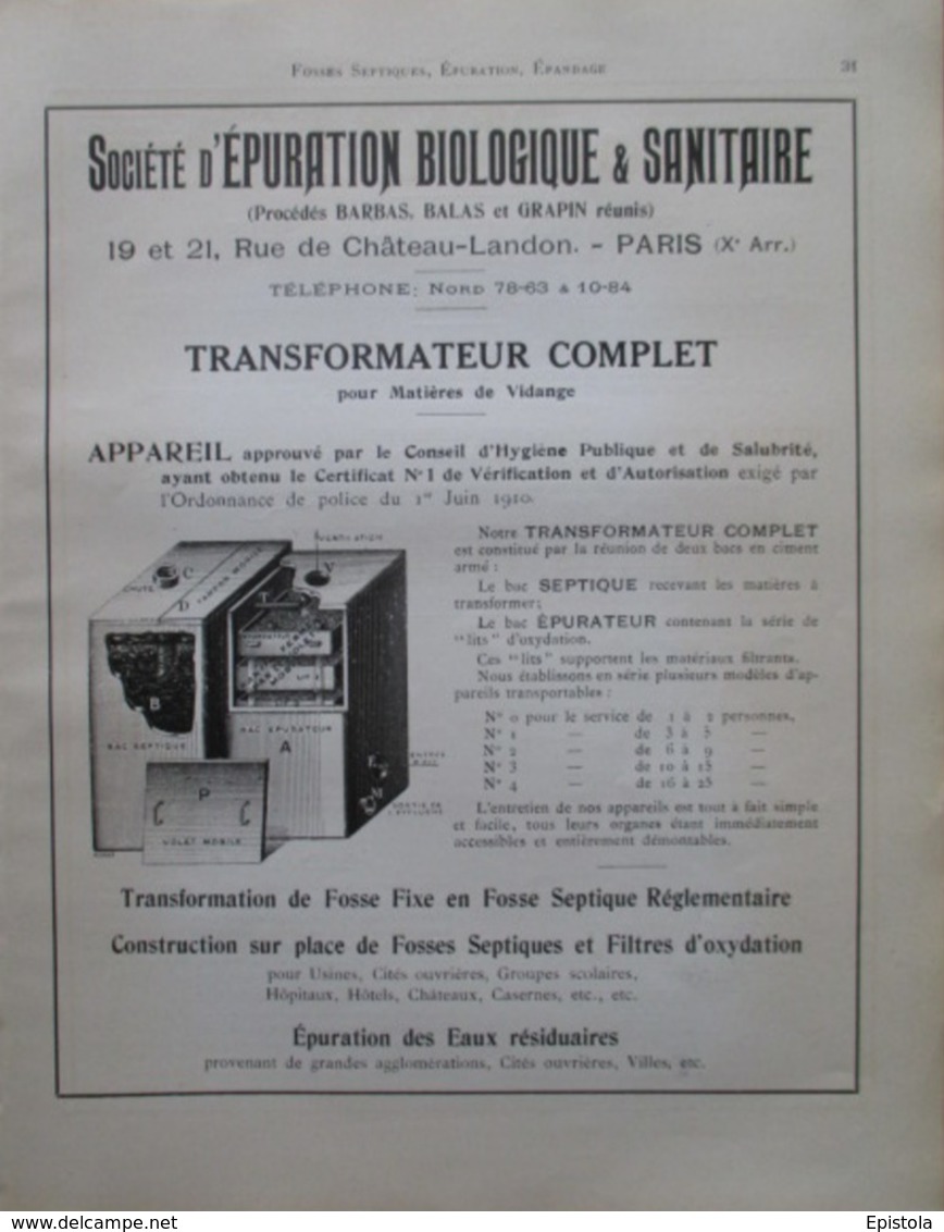 Machine EPURATEUR BIOLOGIQUE & SANITAIRE - Page Catalogue Technique De 1925 (Dims Env 22 X 30 Cm) - Travaux Publics