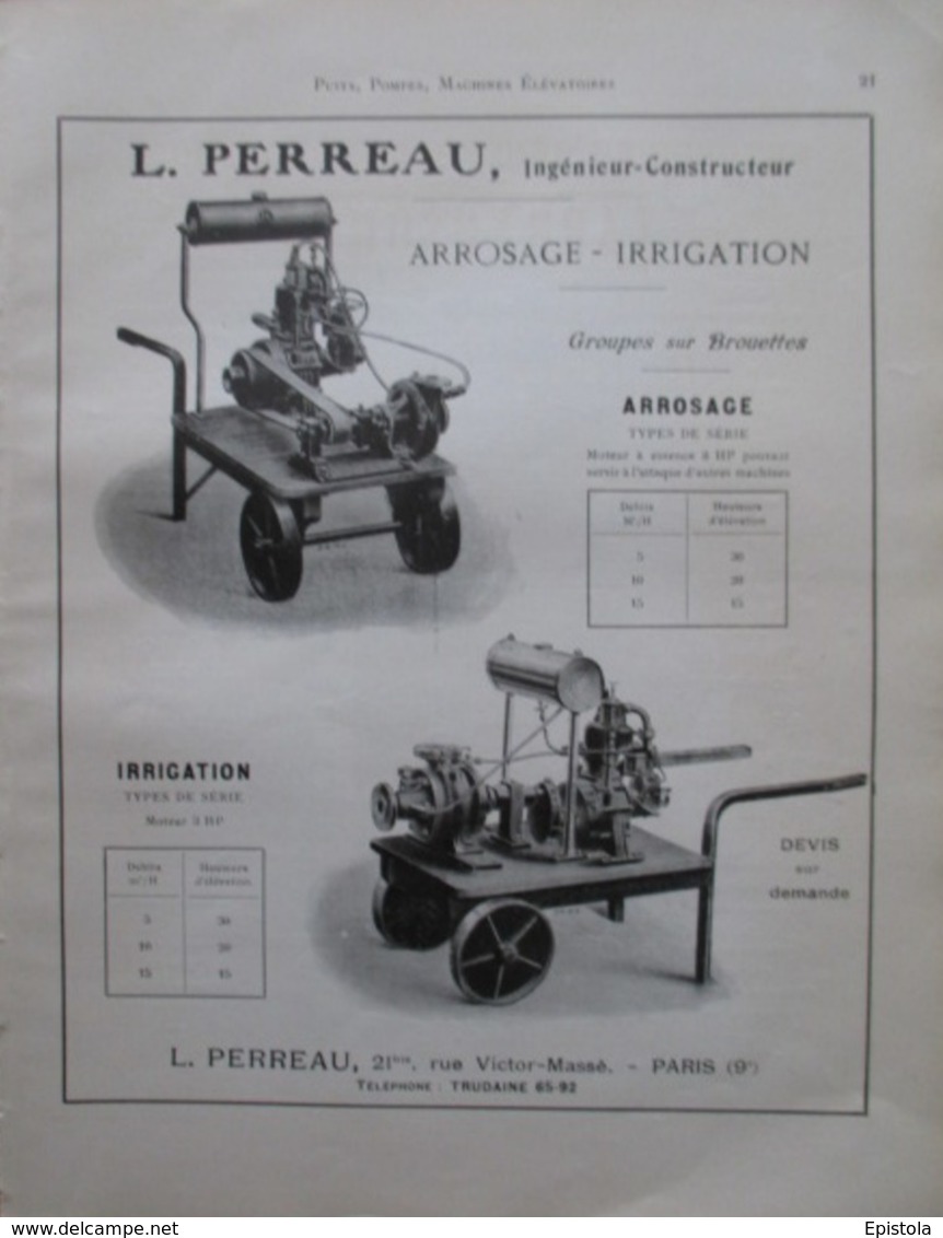 Groupe ARROSAGE IRRIGATION Sur Brouette Ets PERREAU  - Page Catalogue Technique De 1925 (Dims Env 22 X 30 Cm) - Machines