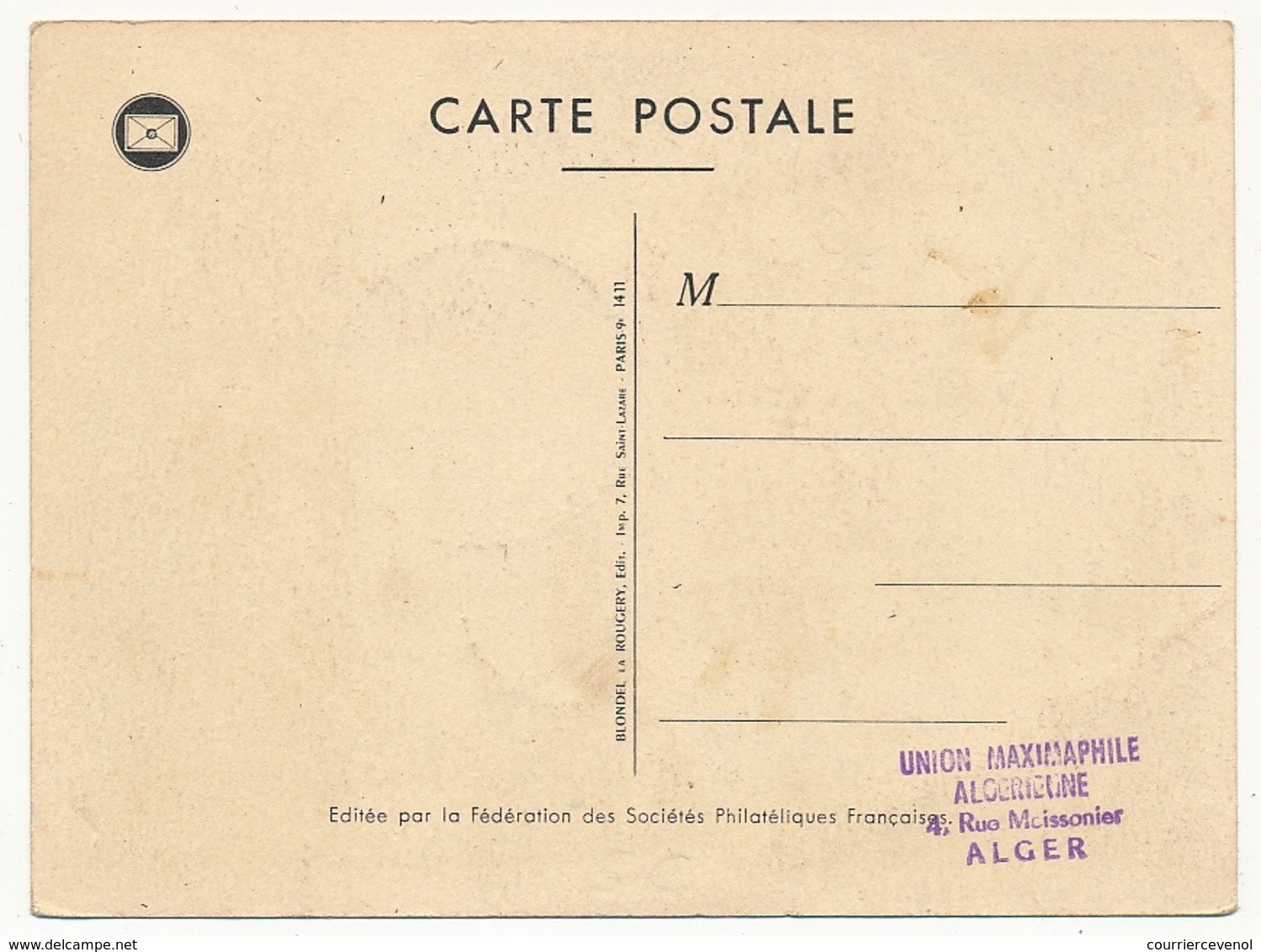 ALGERIE - Carte Fédérale - Journée Du Timbre 1957 - ALGER - Maximumkaarten