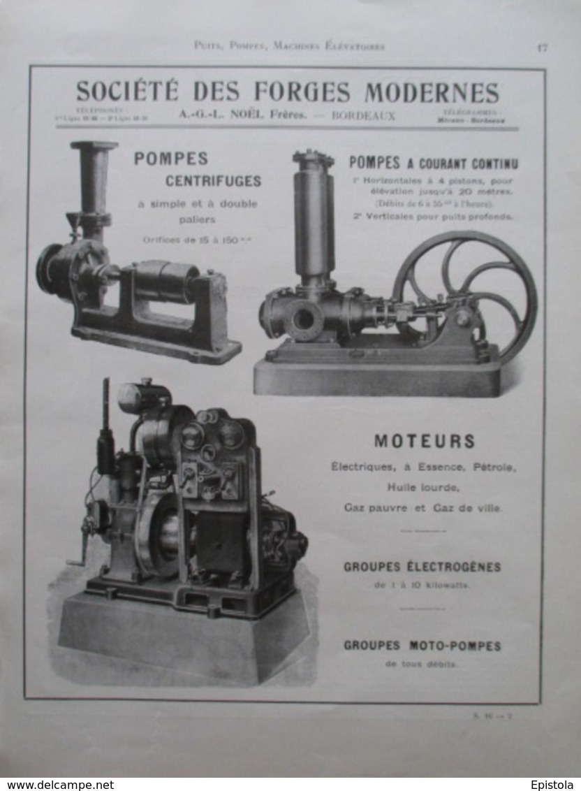 Machine POMPE CENTRIFUGE - Société Des Forges Modernes Bordeaux - Page Catalogue Technique De 1925 (Dims Env 22 X 30 Cm) - Maschinen
