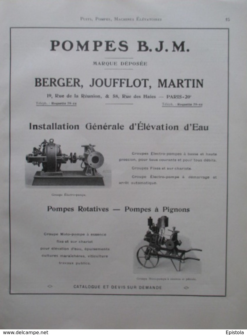 Electro Pompe Et Moto Pompe  Brouette BJM  - Page Catalogue Technique De 1925 (Dims Env 22 X 30 Cm) - Machines