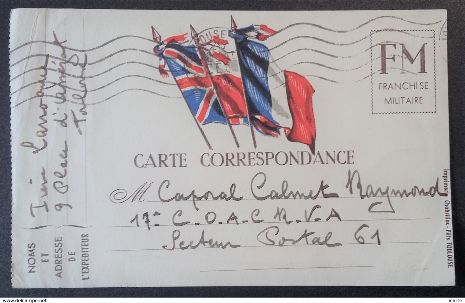 Carte De Franchise Militaire Illustrée 3 Drapeaux Dont POLOGNE éditée à Toulouse Vers Secteur Postal 61 Décembre 1939 - Lettres & Documents