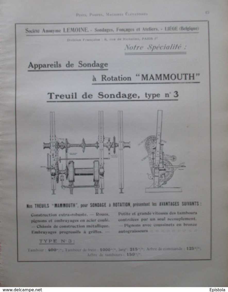 Plan TREUIL De SONDAGE "MAMMOUTH" Ets Lemoine LIEGE  - Page Catalogue Technique De 1925 (Dims Env 22 X 30 Cm) - Machines