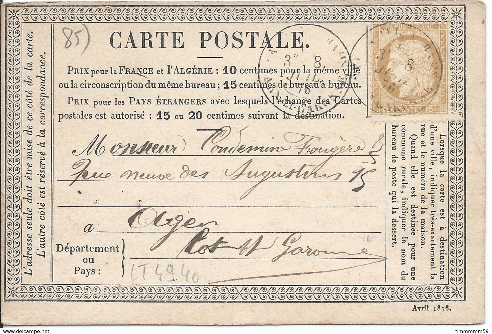 LT4940  Variété/n°55/carte Postale, Oblit Cachet à Date De Tarn Et Garonne A Déchiffrer Pour Agen, Lot-et-Garonne (45) - 1871-1875 Cérès