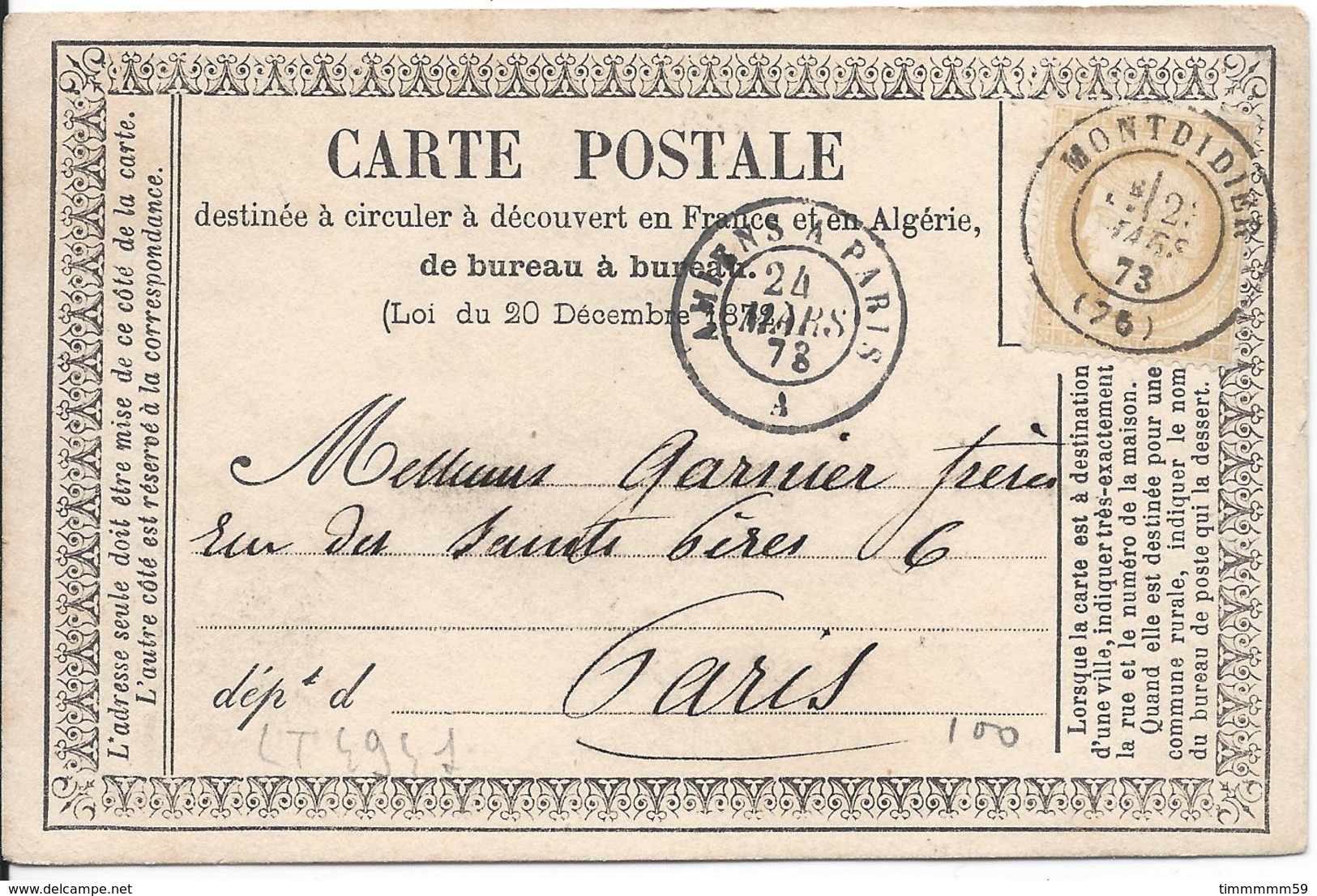 LT4941  N°59/carte Postale, Oblit Cachet à Date De Montdidier, Somme (76) Pour Paris (60) Cachet à Date Des Ambulants Du - 1871-1875 Cérès