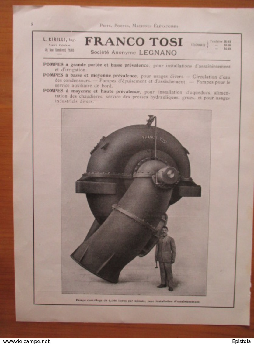 POMPE CENTRIFUGE à Grande Portée FRANCE TOSI Legnano   - Page Catalogue Technique De 1925 (Dims Env 22 X 30 Cm) - Maschinen