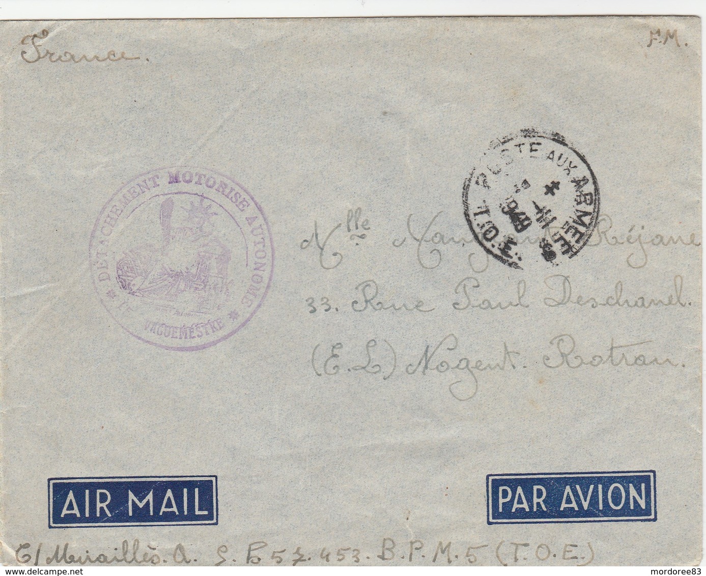 LETTRE FM POSTE AUX ARMEES 11/1949 T.O.E CACHET DETACHEMENT MOTORISE AUTONOME - SP 57453 - BPM 5 - POUR NOGENT LE ROTROU - Guerre D'Indochine / Viêt-Nam