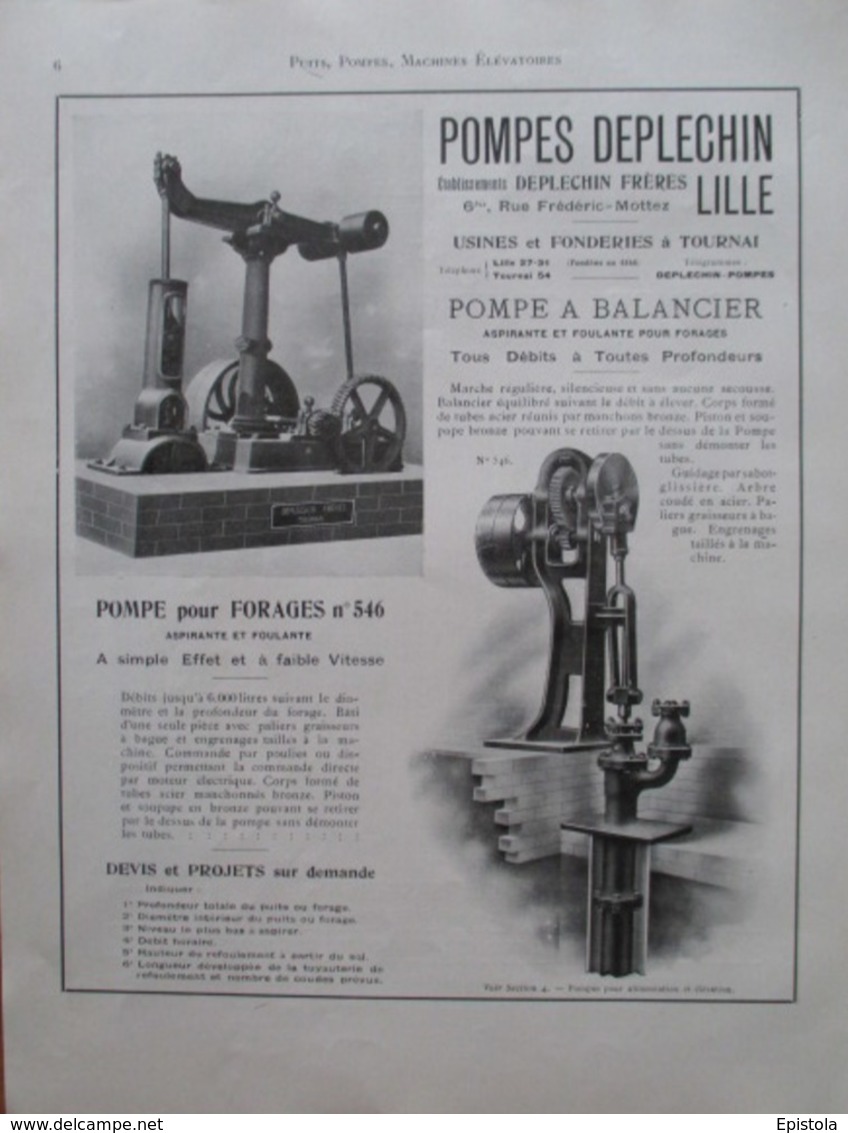 POMPE Pour FORAGES à Balancierz ETs DEPLECHIN Lille Rue Mottez - Page Catalogue Technique De 1925 (Dims Env 22 X 30 Cm) - Machines