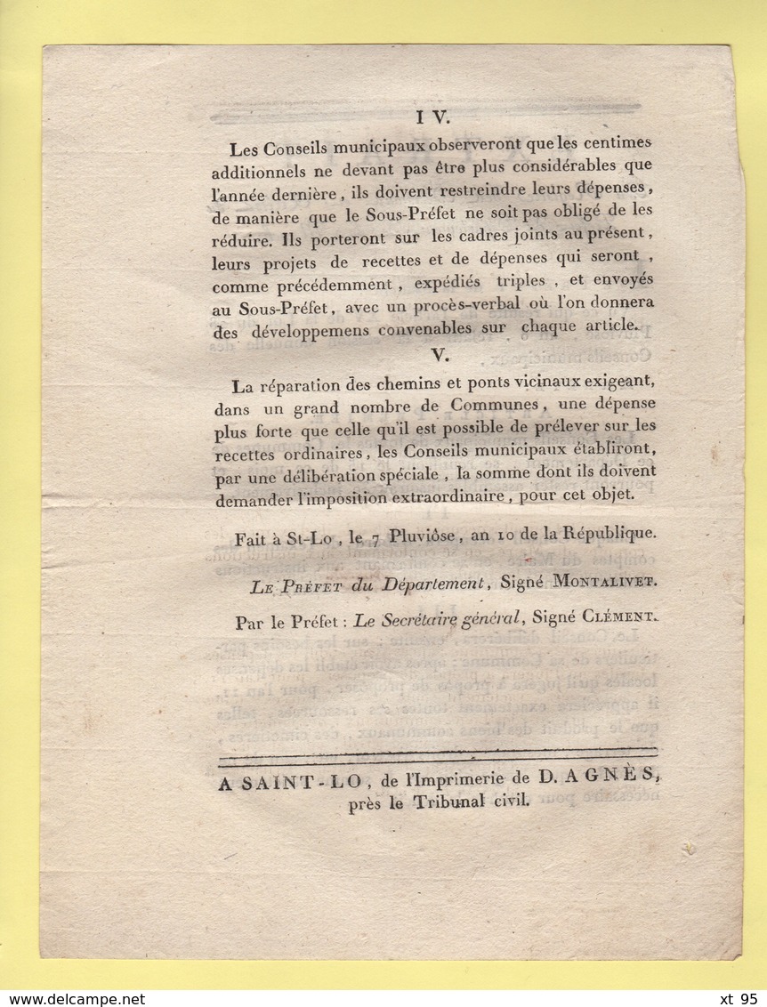 Prefet De La Manche - Extrait - 7 Pluviose An 10 - Session Annuelle Des Conseils Municipaux - Documents Historiques