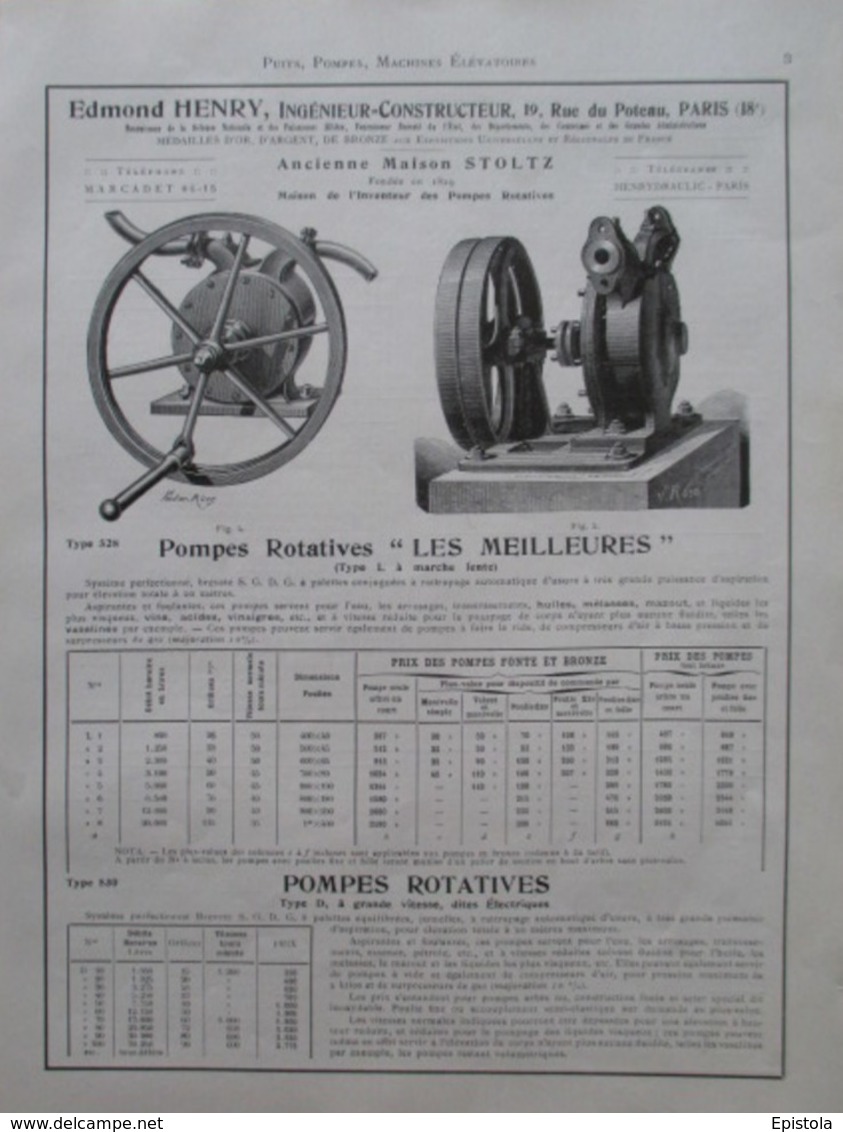 POMPE ROTATIVE  "Les Meilleures" Ancien Ets STOLTZ - Page Catalogue Technique De 1925 (Dims Env 22 X 30 Cm) - Maschinen