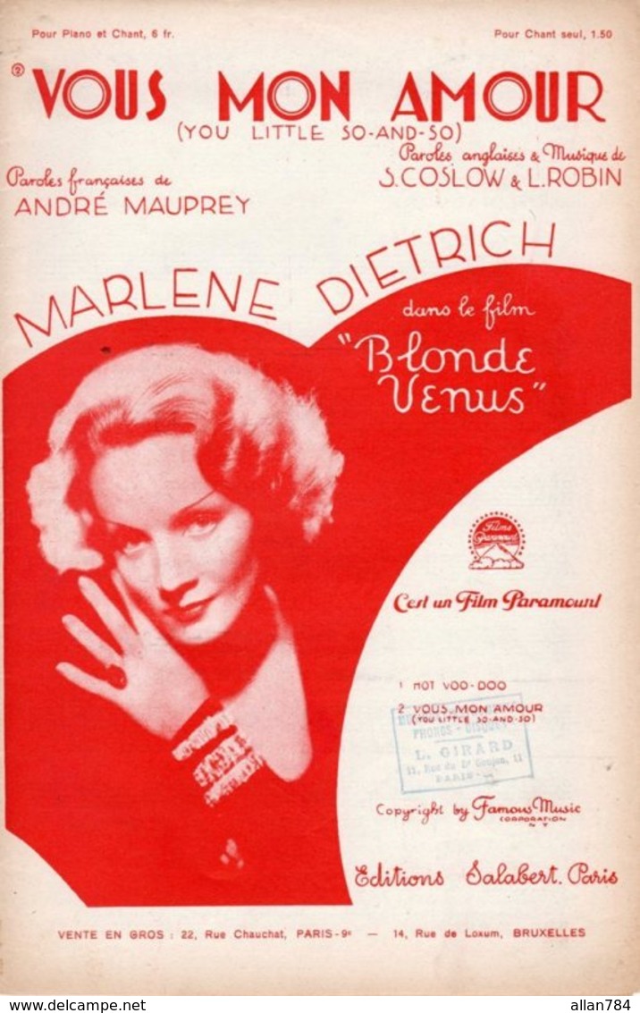 MARLENE DIETRICH - VOUS MON AMOUR - 1932 - EXC ETAT PROCHE DU NEUF - DU FILM BLONDE VENUS - - Compositeurs De Musique De Film