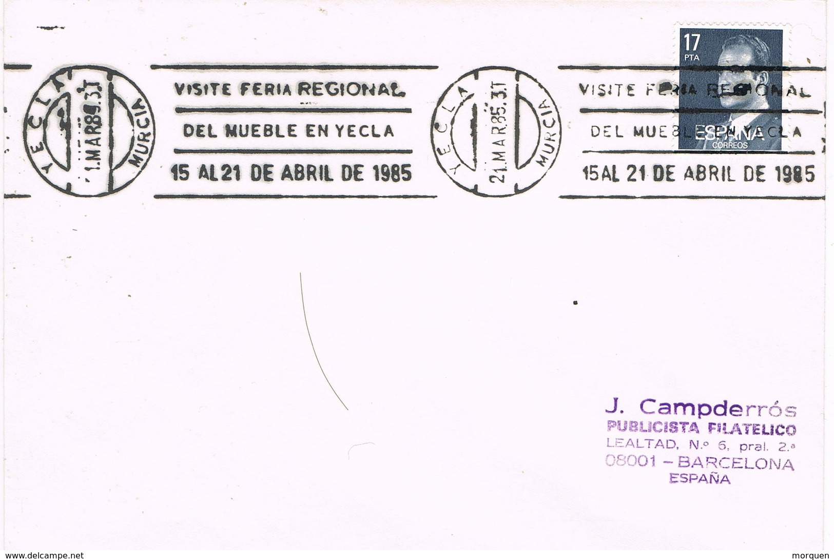 35870. Carta YECLA (Murcia) 1985. Rodillo Especial Feria Del Mueble - Cartas & Documentos