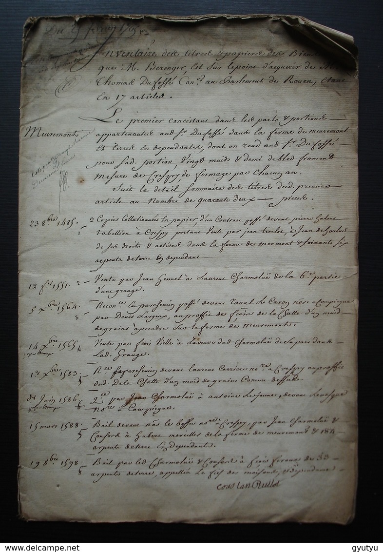 1765 Ferme De Mermont Crépy En Valois Oise Inventaire: Titres Acquis Par Bérenger De Duffossé, Depuis 1485 16 Pages - Manuskripte