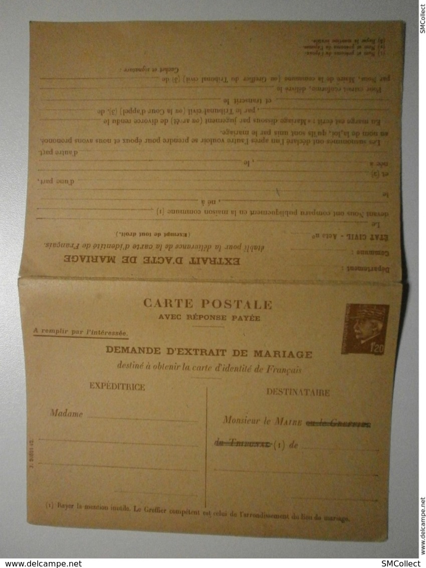 Rare. Entier Postal Complet Pétain. Carte Postale Demande D'extrait De Mariage + Carte Postale Réponse Payée  (ASp6) - Cartes Postales Types Et TSC (avant 1995)