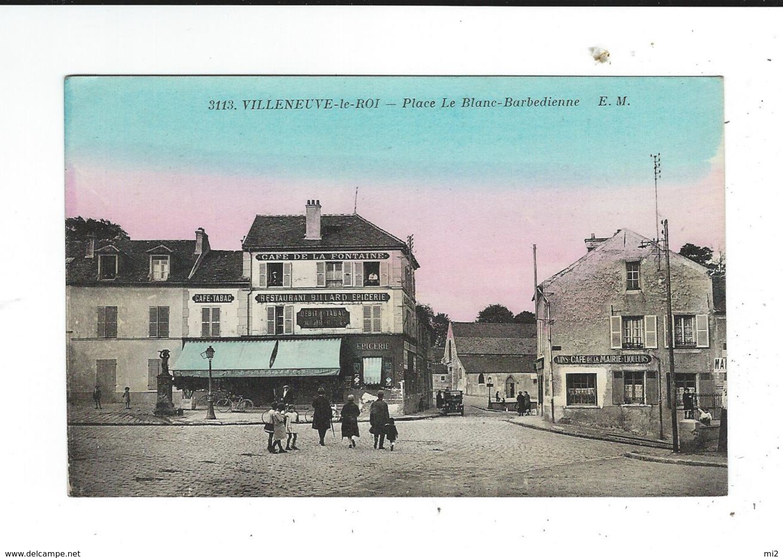 94 Villeneuve Le Roi 3113place Le Blanc Barbedienne EM Colorisée écrite 1951 TBE Cafe Fontaine Cafe Mairie - Villeneuve Le Roi