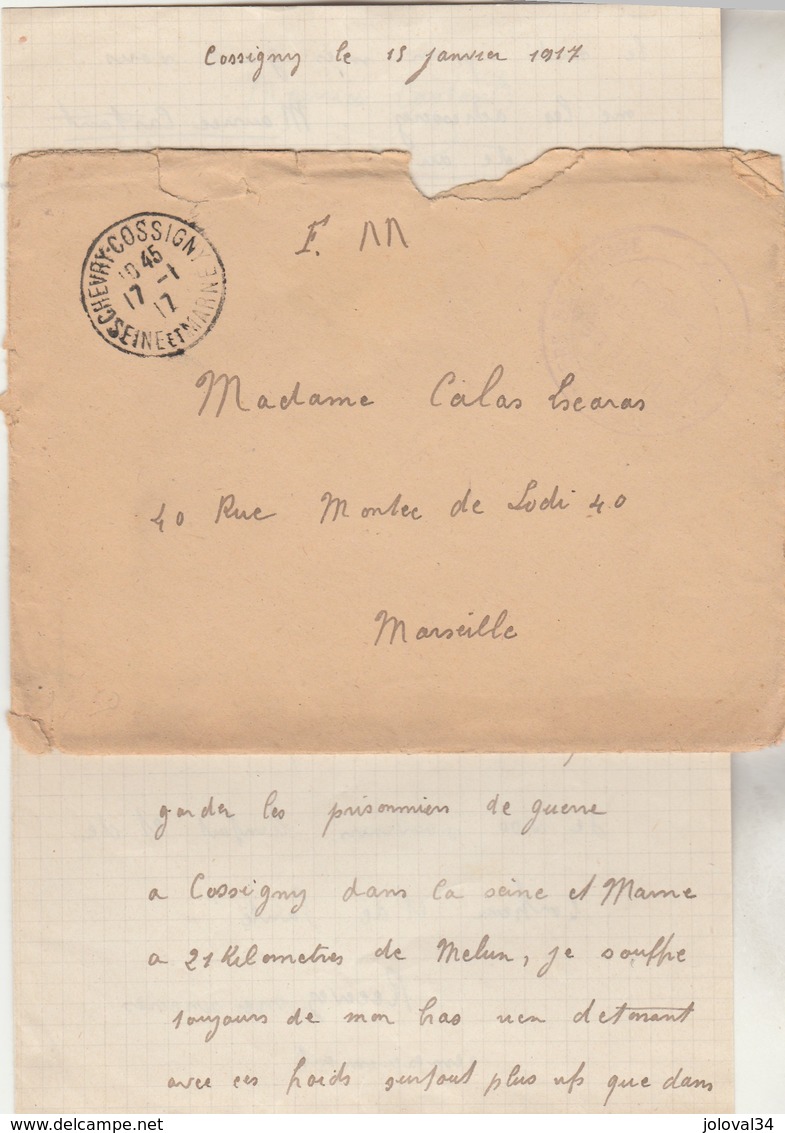 Lettre Cachet Prisonniers  Guerre De Chevry Cossigny Seine Et Marne 1917  à Mlle Calas Marseille Texte Voir Description - Guerre De 1914-18