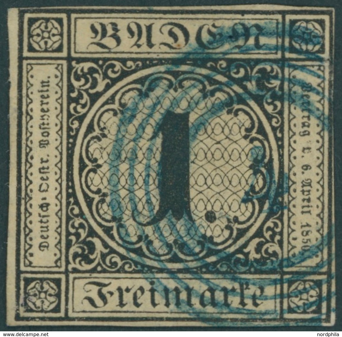 BADEN 1a BrfStk, 1851, 1 Kr. Schwarz Auf Sämisch Mit Blauem Nummernstempel 4 (AGLASTERHAUSEN), Pracht, Gepr. Seeger, Mi. - Other & Unclassified