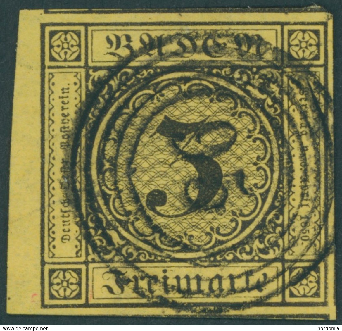 BADEN 2a O, 1851, 3 Kr. Schwarz Auf Orangegelb, Linkes Randstück, Nummernstempel 95, Riesenrandig, Kabinett, Gepr. Grobe - Sonstige & Ohne Zuordnung