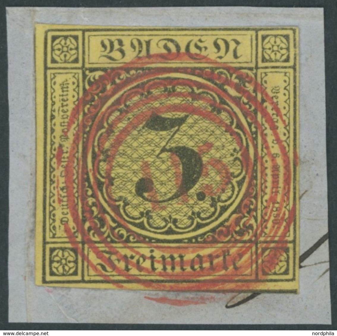 BADEN 2b BrfStk, 1852, 3 Kr. Schwarz Auf Gelb Mit Zentrischem Roten Nummernstempel 115 (RASTATT), Kabinettbriefstück, Ge - Autres & Non Classés