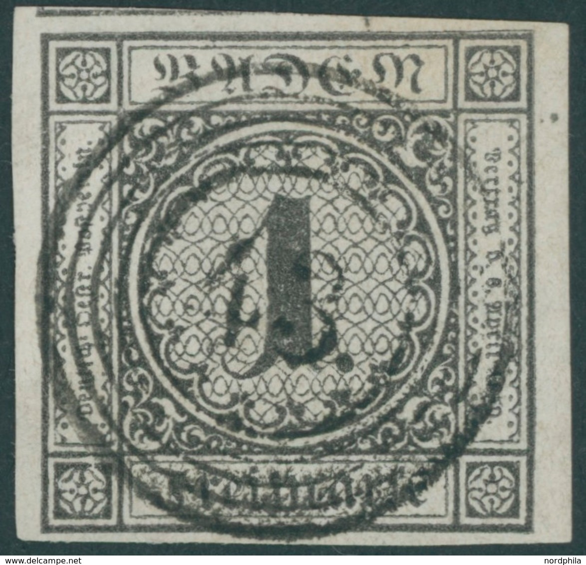 BADEN 5 O, 1853, 1 Kr. Schwarz, Zentrischer Nummernstempel 43, Rechtes Randstück, Allseits Riesenrandig, Kabinett - Sonstige & Ohne Zuordnung