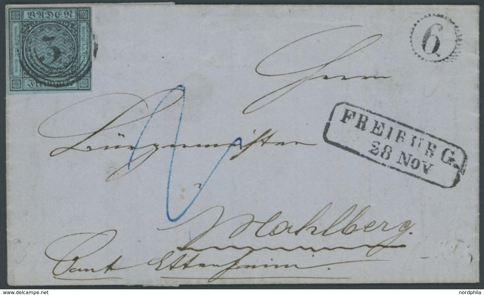 BADEN 8 BRIEF, 1859, 3 Kr. Schwarz Auf Blau, Vollrandig Auf Brief Aus FREIBURG Mit Uhrrad-Nebenstempel 6, Pracht - Sonstige & Ohne Zuordnung