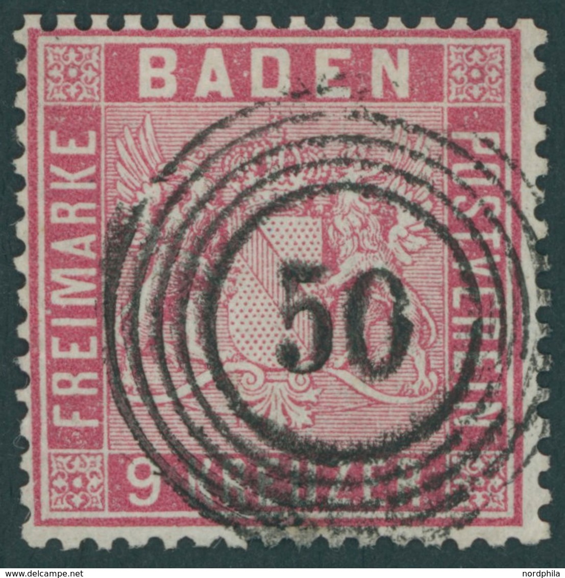 BADEN 12 O, 1861, 9 Kr. Karmin, Zentrischer Nummernstempel 50, Kabinett, Gepr. Grobe, Mi. (220.-) - Sonstige & Ohne Zuordnung