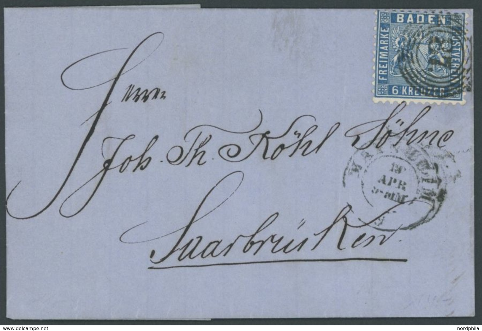 BADEN 14b BRIEF, 1863, 6 Kr. Preußischblau, Kleiner Prachtbrief Von 87 (MANNHEIM) Nach Saarbrücken - Other & Unclassified