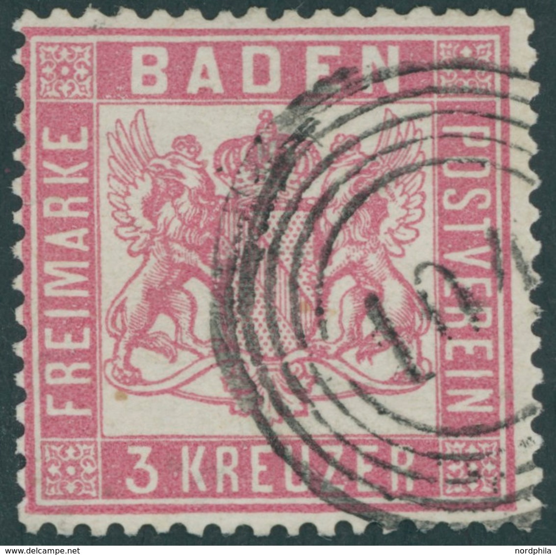 BADEN 16 O, 1862, 3 Kr. Rosakarmin, Nummernstempel 104, Pracht, Gepr. Englert, Mi. 350.- - Sonstige & Ohne Zuordnung