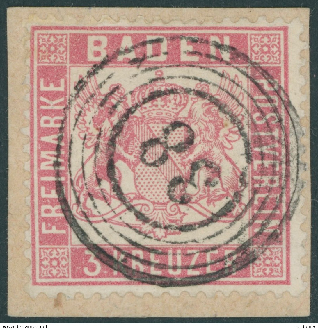 BADEN 16 BrfStk, 1862, 3 Kr. Rosakarmin, Nummernstempel 38, Kabinettbriefstück, Gepr. Pfenninger, Mi. (350.-) - Sonstige & Ohne Zuordnung