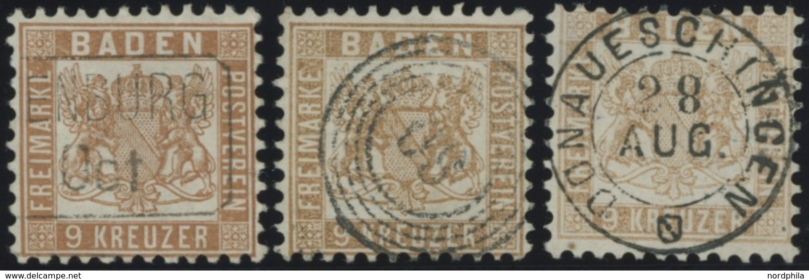 BADEN 20a,b,ba O, 1864/6, 9 Kr. Rötlichbraun, Gelbbraun Und Fahlbraun, 3 Kabinettwerte, Mi. (200.-) - Sonstige & Ohne Zuordnung