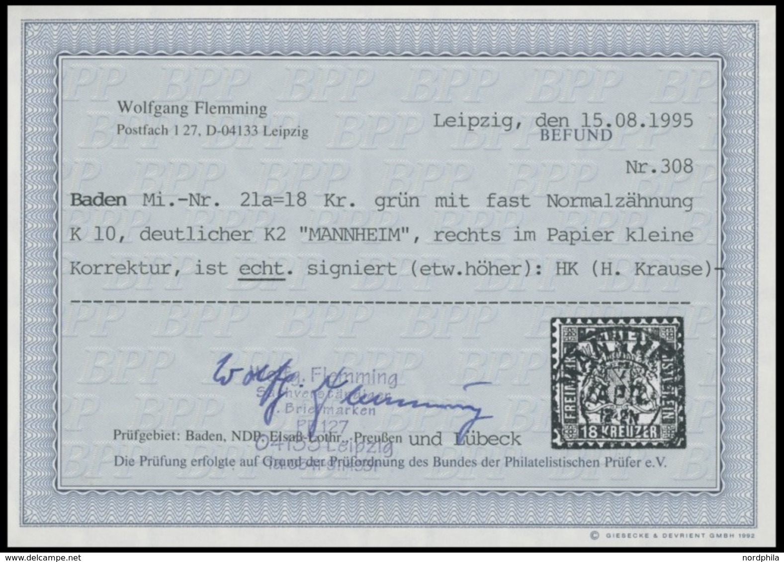 BADEN 21a O, 1862, 18 Kr. Grün, Zentrischer K2 MANNHEIM, Kleine Korrektur Sonst Pracht, Fotobefund Flemming, Mi. 700.- - Sonstige & Ohne Zuordnung